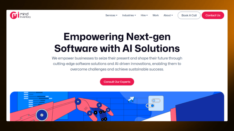 Mind Inventory homepage: Empowering Next-gen software with AI solutions, featuring a robotic hand illustration.