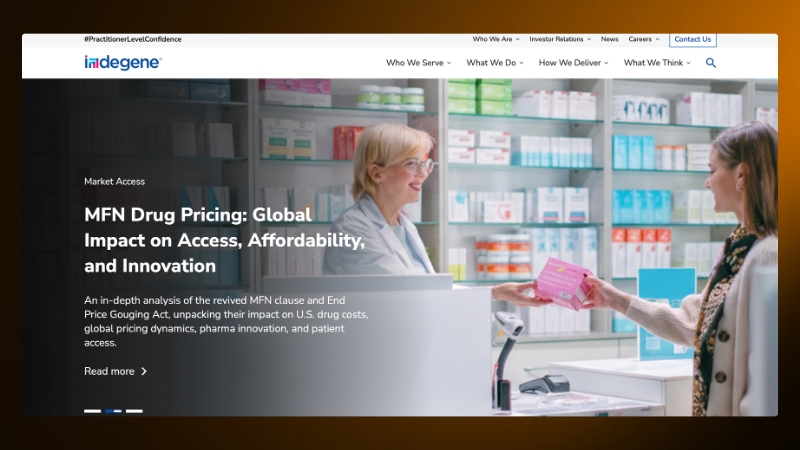 Pharmacist handing medicine to a customer in a pharmacy; discussion on MFN drug pricing and its global impact.