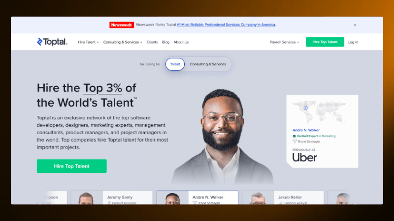 Toptal website homepage highlighting top 3% talent for hire, featuring a smiling professional and company branding.