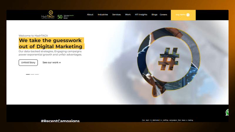 Digital marketing agency homepage with tagline: We take the guesswork out of Digital Marketing and hashtag logo.