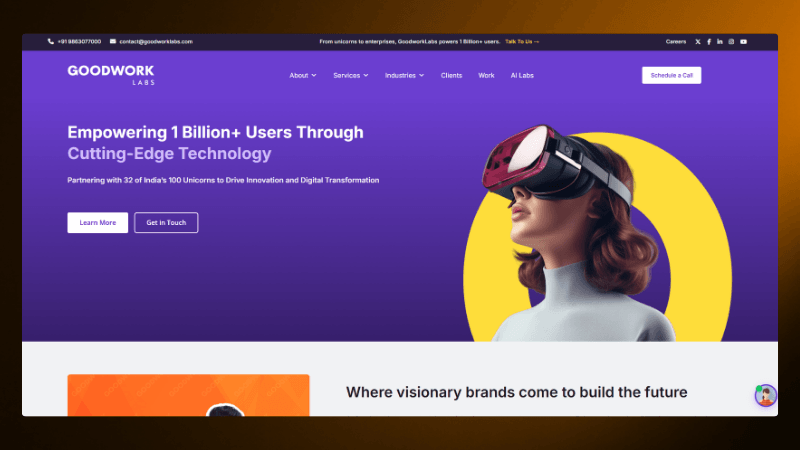 GoodWork Labs homepage showcasing VR technology and their mission to empower over a billion users with innovation.