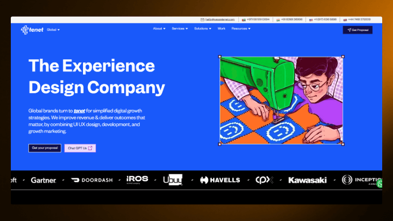 Website screenshot of Tenet showcasing experience design services with a graphics illustration of a sewing machine.