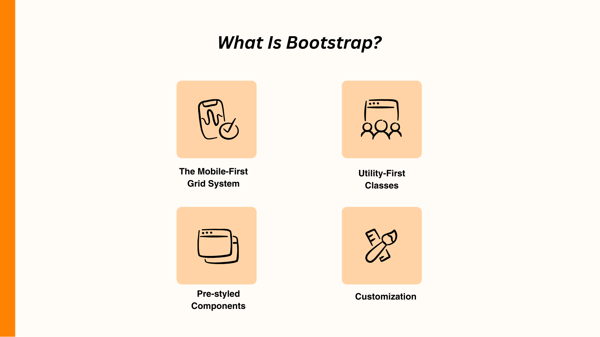 Infographic explaining Bootstrap features: mobile-first grid, utility-first classes, pre-styled components, customization.