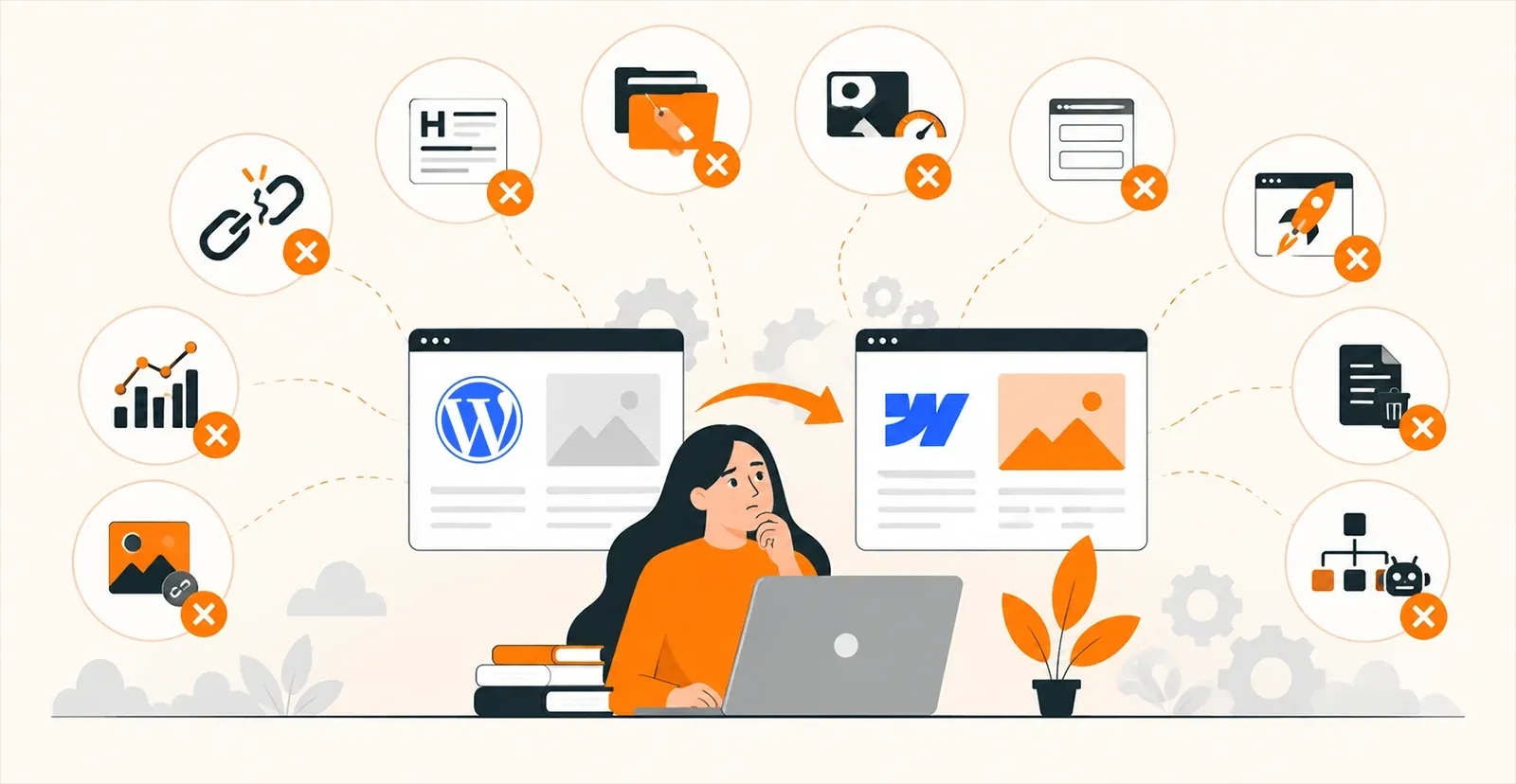 Woman weighing common WordPress to Webflow migration mistakes, including broken links, missing headings, lost images, slow pages and missing redirects.
