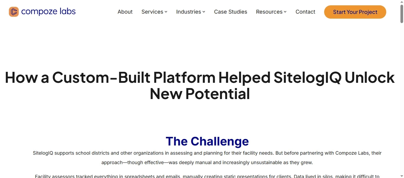 Custom platform boosts SitelogIQ efficiency, Compoze Labs case study on facility management solution.