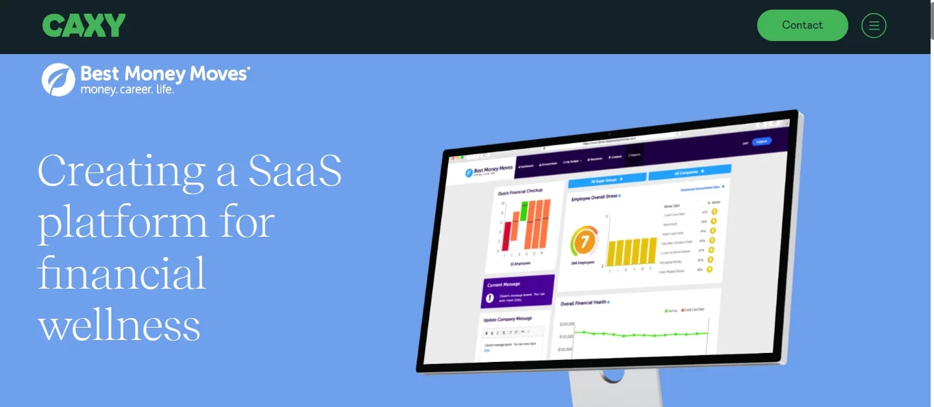 SaaS platform for financial wellness overview with charts on monitor by Best Money Moves, developed by Caxy Interactive.