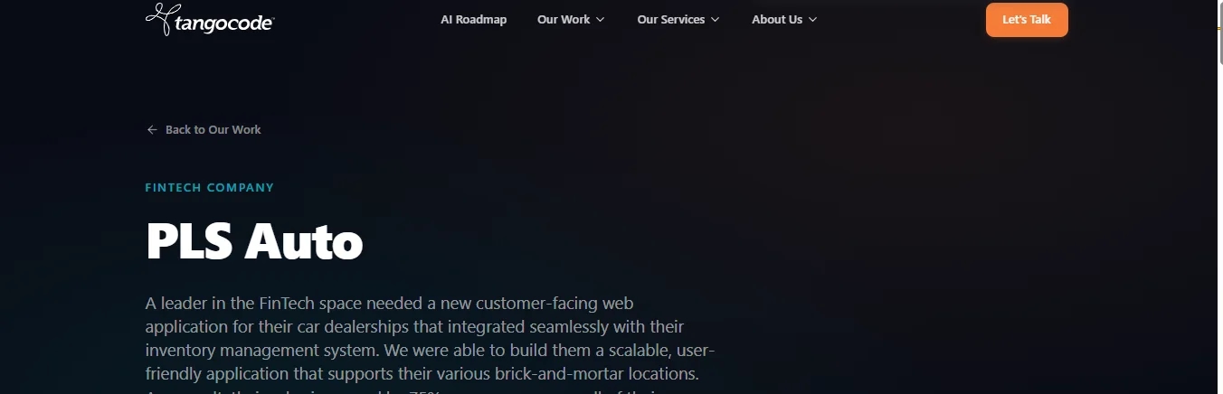 Tangocode webpage showcasing PLS Auto's custom web application for car dealerships in the FinTech industry.