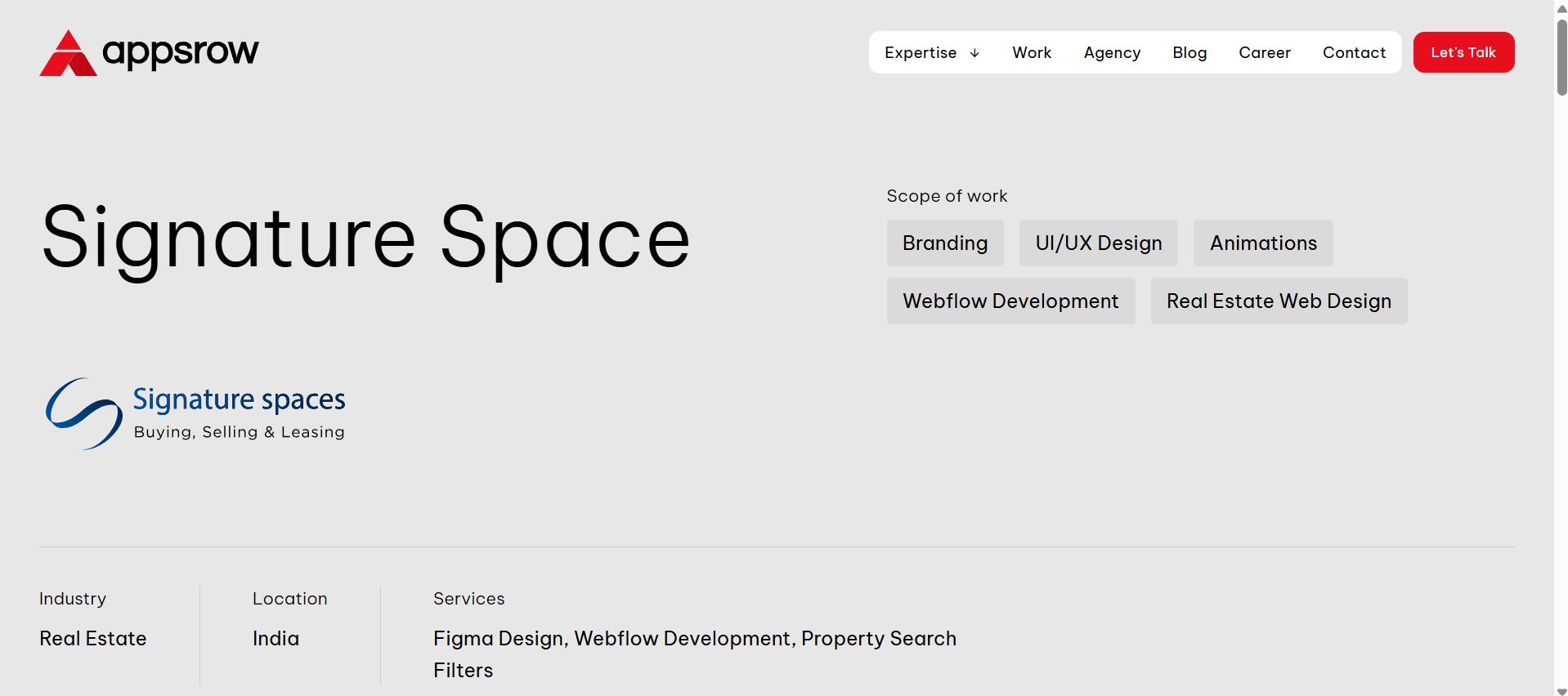 Signature Space services: Branding, UI/UX, Webflow, Real Estate. Industry: Real Estate, Location: India.