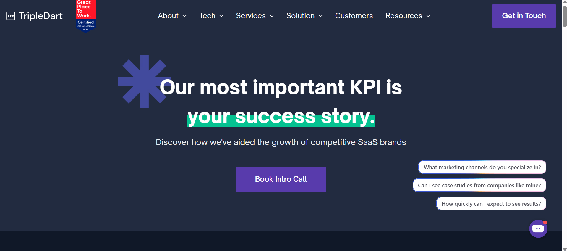 TripleDart homepage: KPI is your success story, SaaS growth support, book intro call.