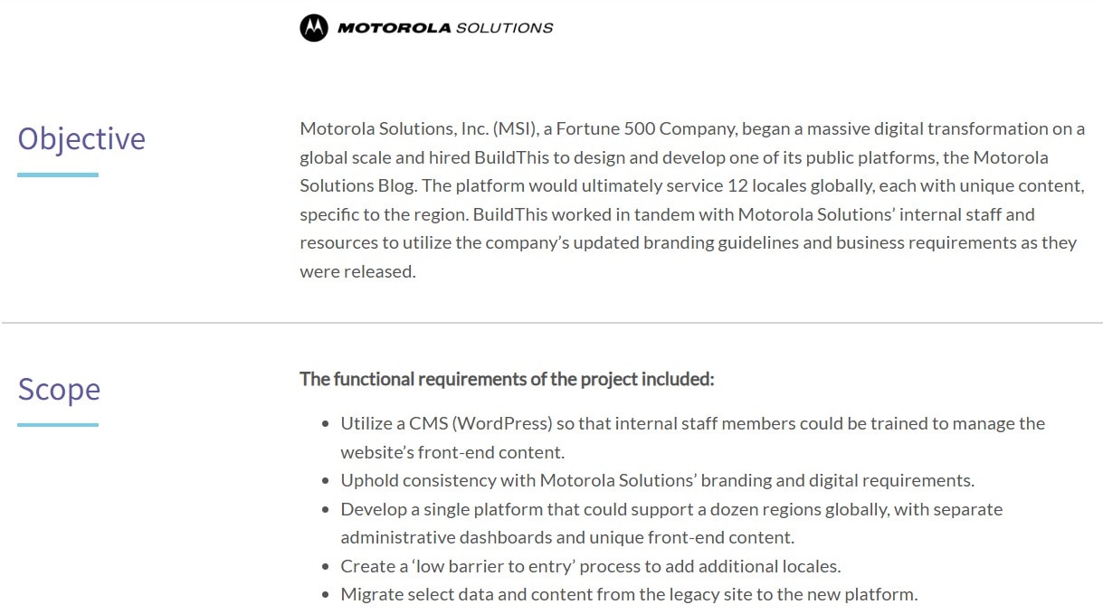 Motorola Solutions Blog development objectives and scope, focusing on global digital transformation and CMS use.
