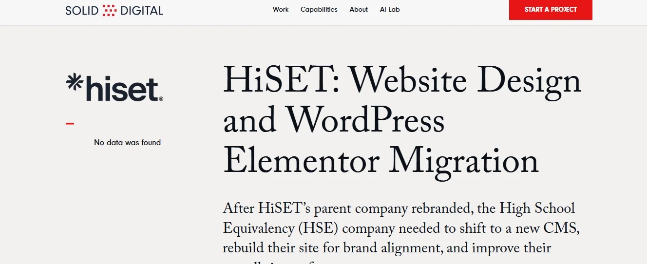 HiSET website design and WordPress Elementor migration overview by Solid Digital agency.
