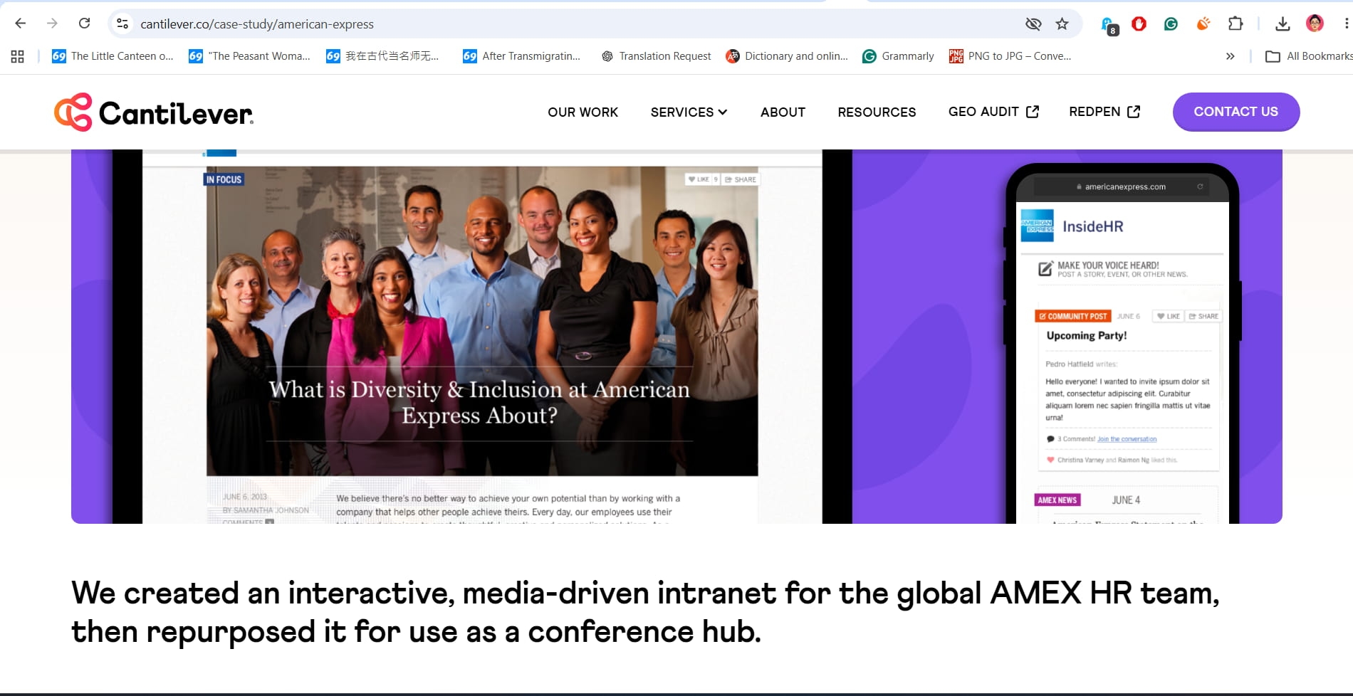 Cantilever case study on American Express HR intranet and conference hub with diversity and inclusion focus.