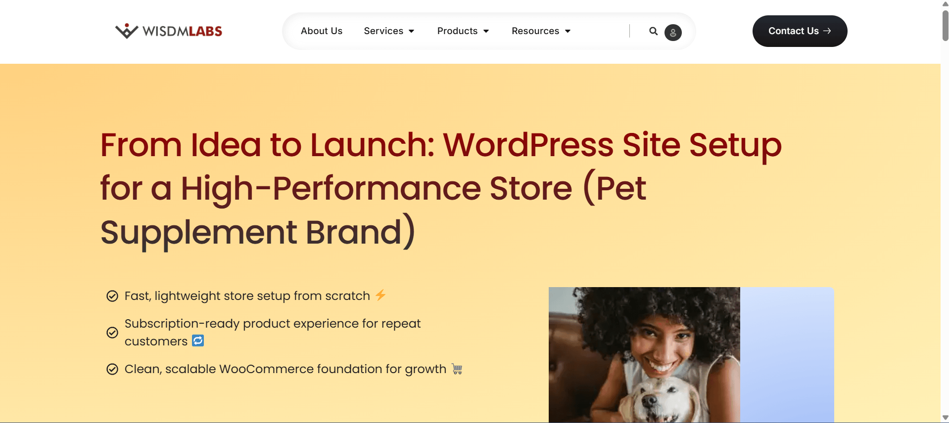 WordPress site setup for high-performance pet supplement store by WisdmLabs, featuring WooCommerce solutions.