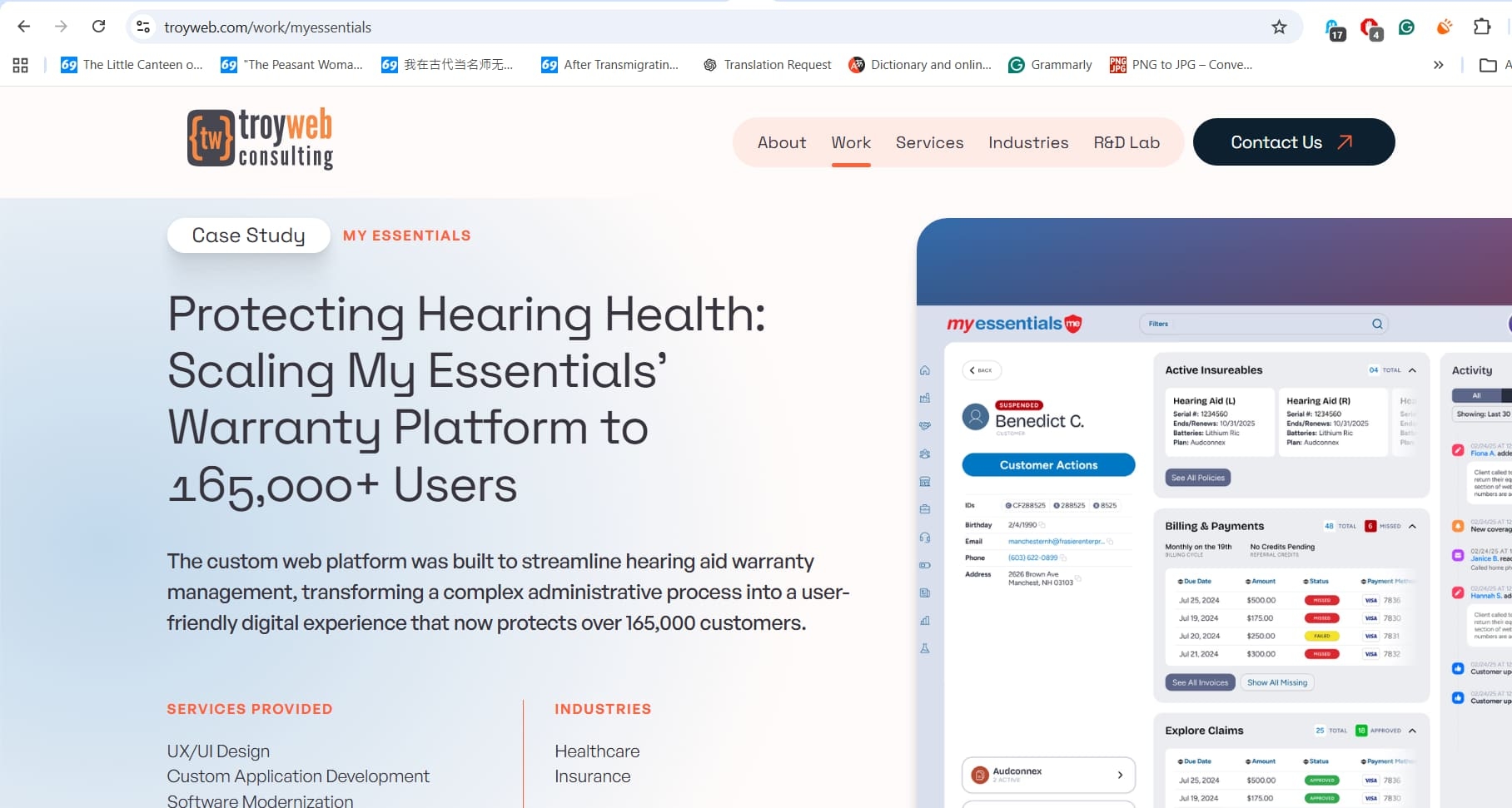 Case study screenshot: Scaling My Essentials' hearing aid warranty platform to 165,000+ users by Troy Web Consulting.