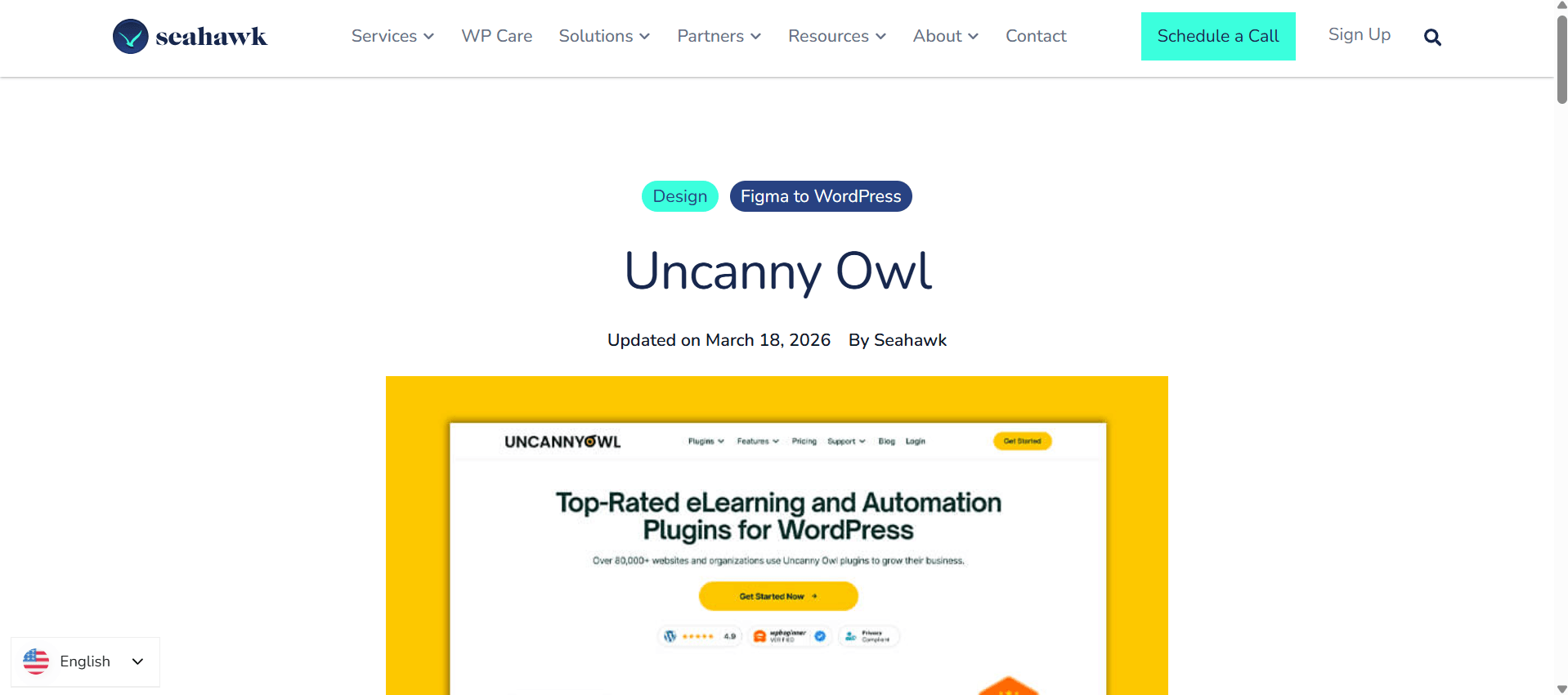 Uncanny Owl page for top-rated eLearning WordPress plugins, updated by Seahawk, with Figma to WordPress design.