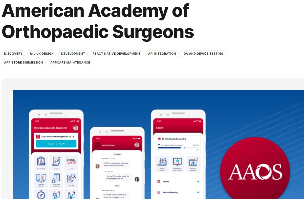 American Academy of Orthopaedic Surgeons app interface showing features and AAOS logo with a blue background.