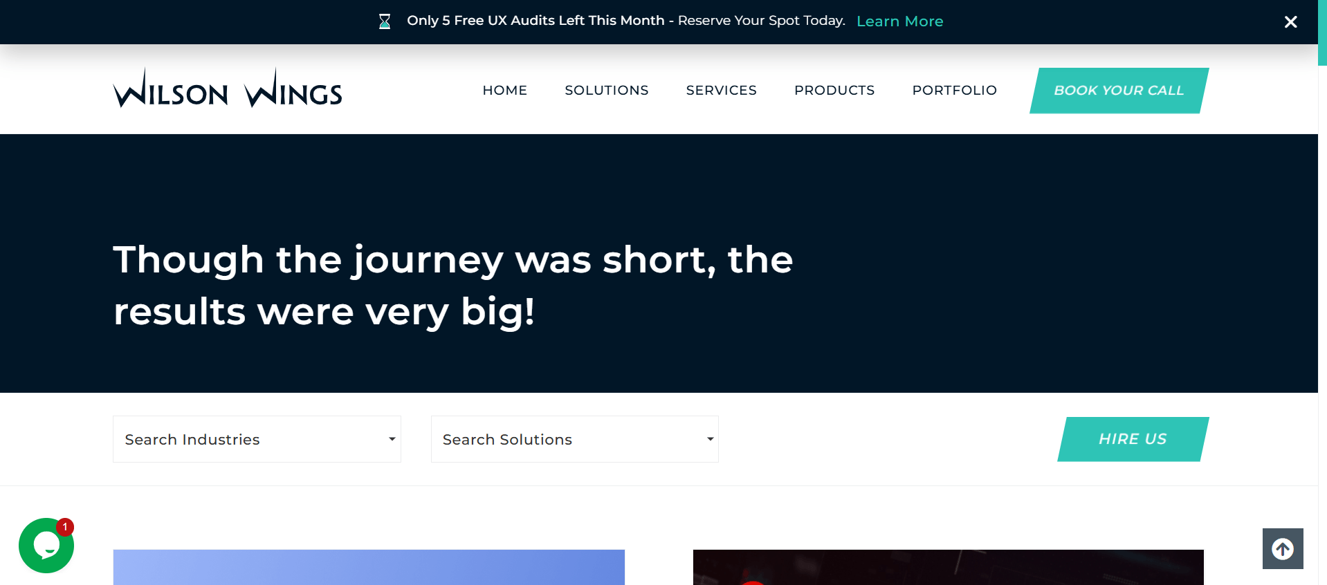 Wilson Wings website banner with text, Though the journey was short, the results were very big!