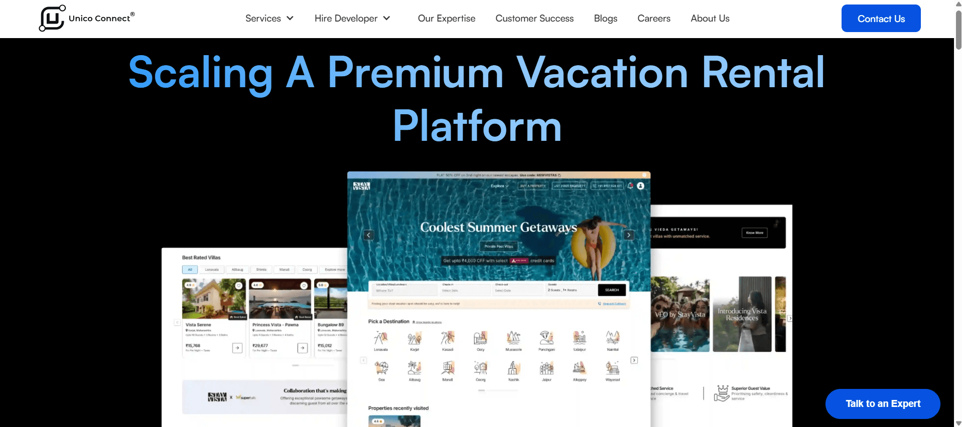 Vacation rental platform interface showcasing premium villa listings and cool summer getaways promotion.