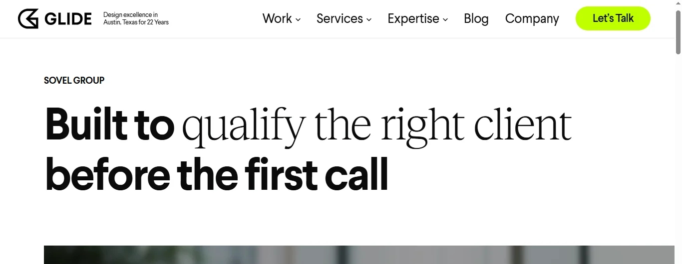 Glide website header with the text: Built to qualify the right client before the first call.