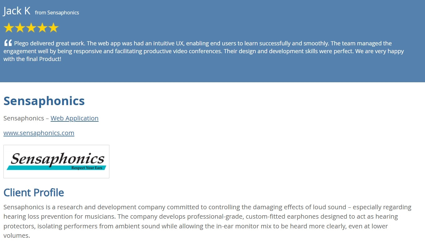 Jack K testimonial for Plego development services; Sensaphonics web application; 5-star rating; client profile highlights.