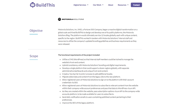 Screenshot of a project overview for Motorola Solutions by BuildThis, showcasing objectives and scope of work.