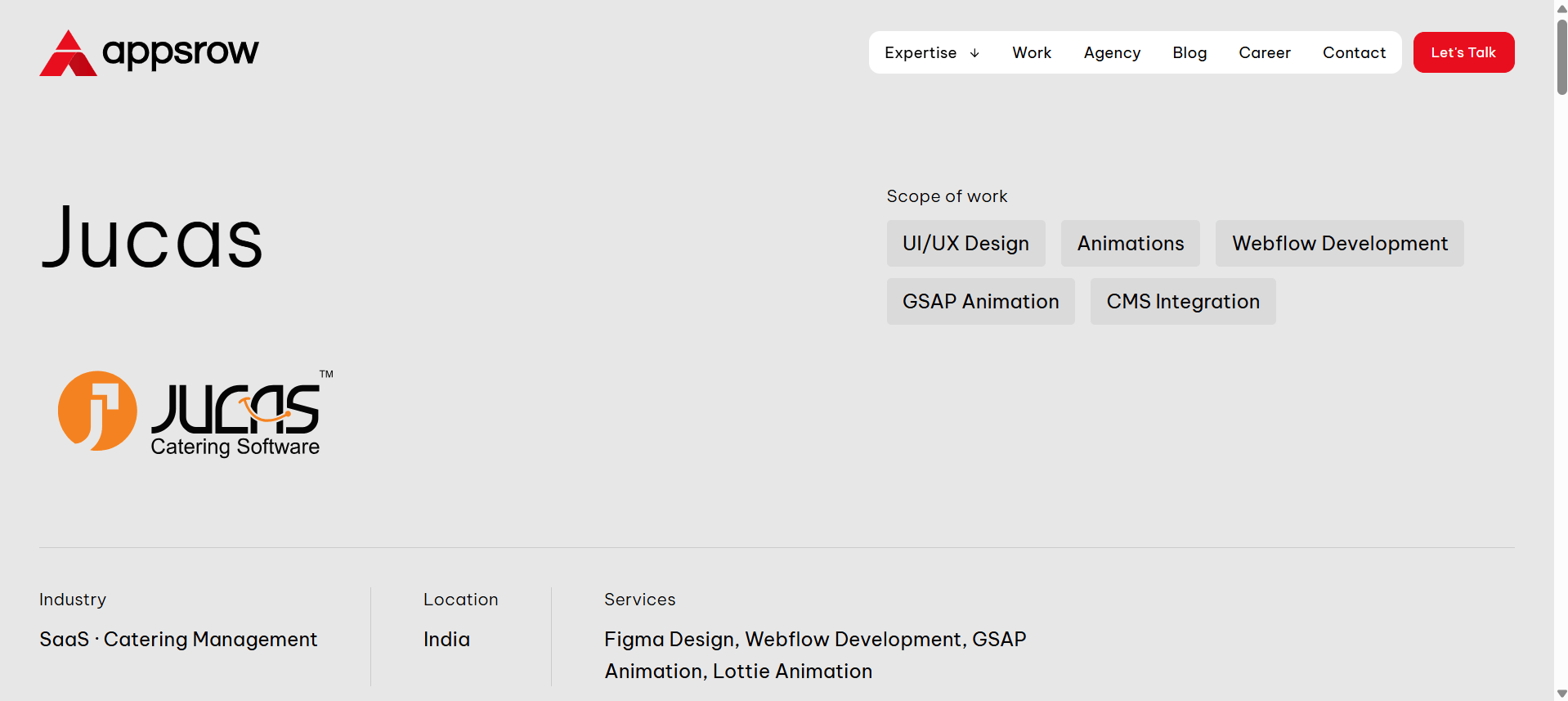 Appsrow webpage showcasing Jucas catering software services, including UI/UX, GSAP animation, and CMS integration.