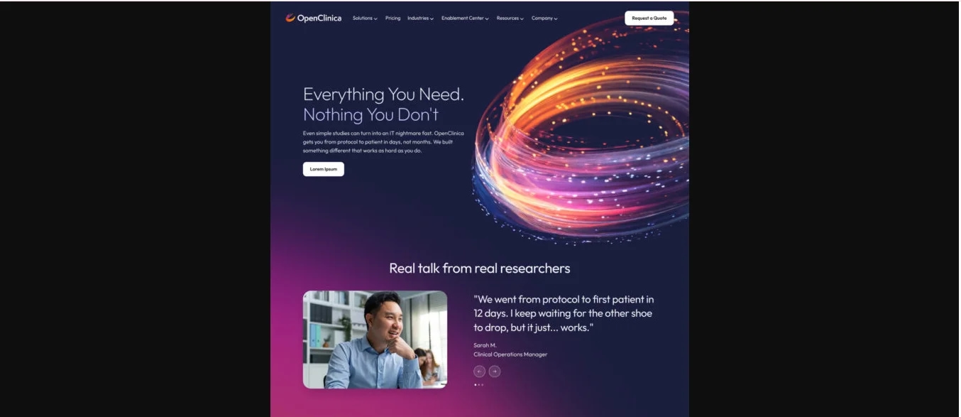 OpenClinica homepage highlighting efficient study protocols, featuring researcher testimonials for clinical solutions.