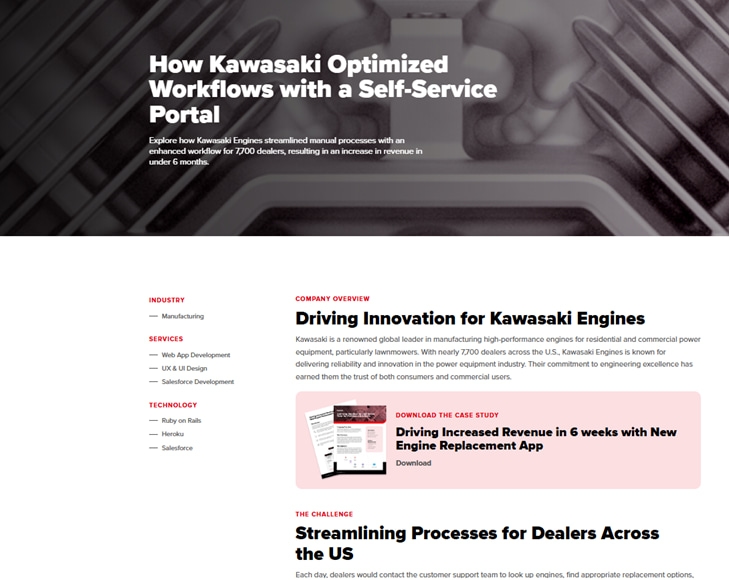 Kawasaki Engines improve workflows with a self-service portal, boosting dealer revenue in under 6 months.