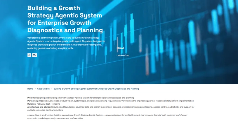 Blue graph bars and text for enterprise growth diagnostics and planning with Leviana Corp partnership details.