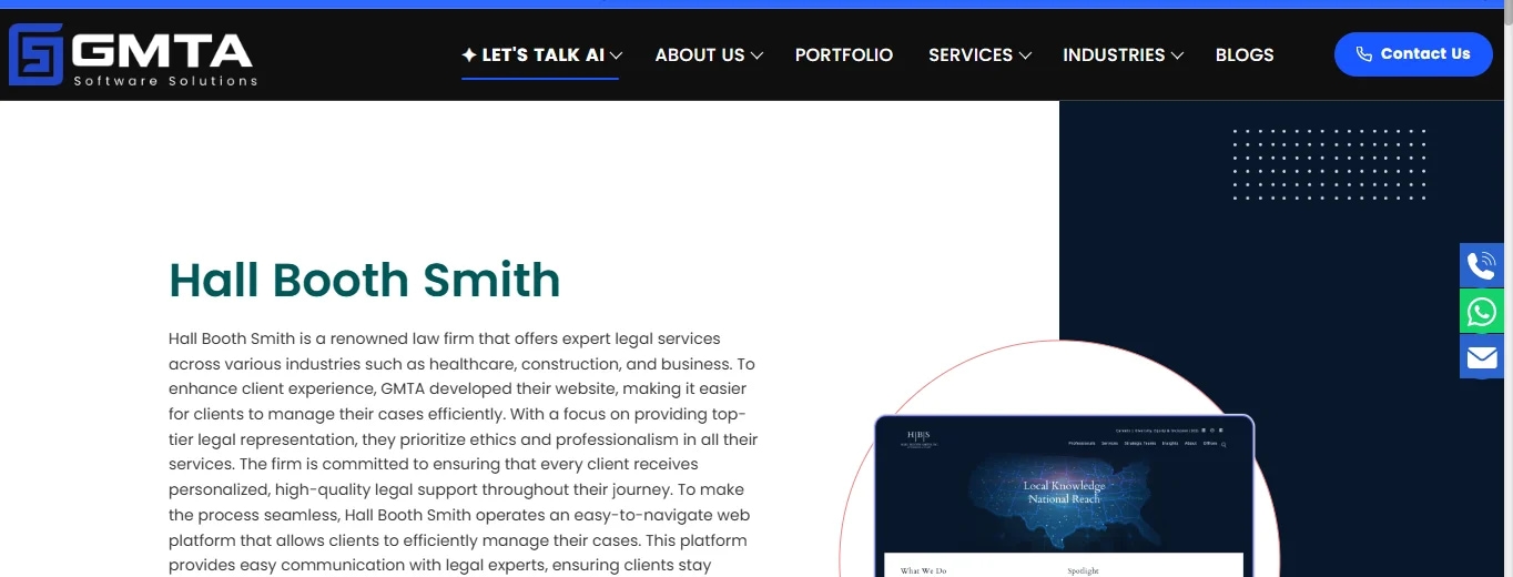Hall Booth Smith legal services website by GMTA Software Solutions, featuring a user-friendly interface for clients.