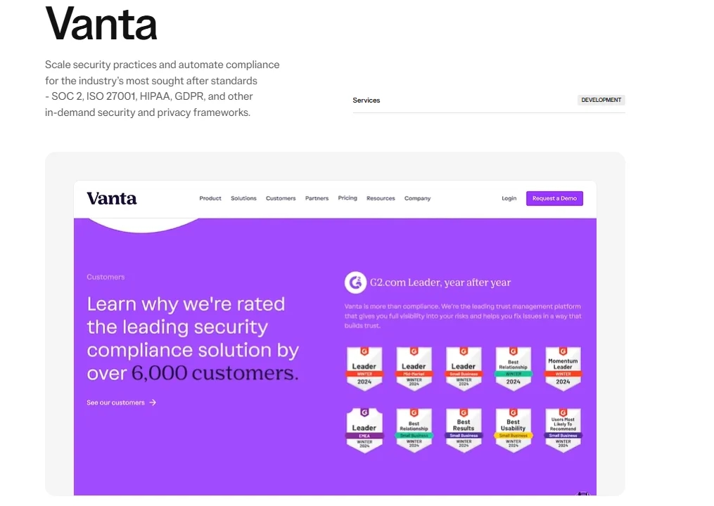 Finsweet Webflow work, Vanta website