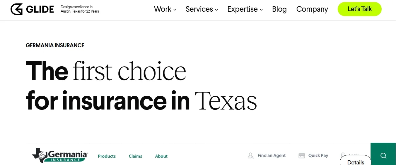 Germania Insurance: Leading choice for insurance in Texas, designed by GLIDE in Austin for 22 years.