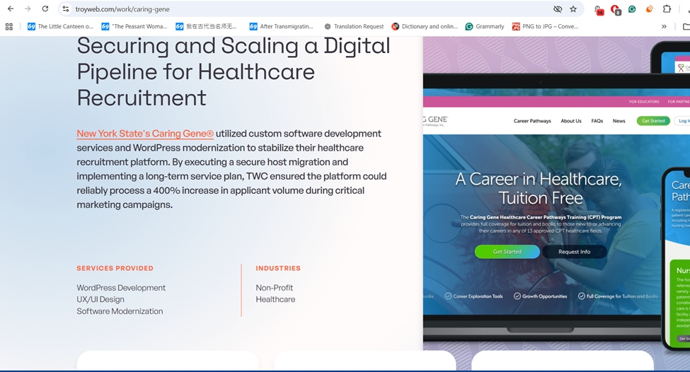 Digital healthcare recruitment solution with 400% applicant growth using WordPress modernization and custom software.