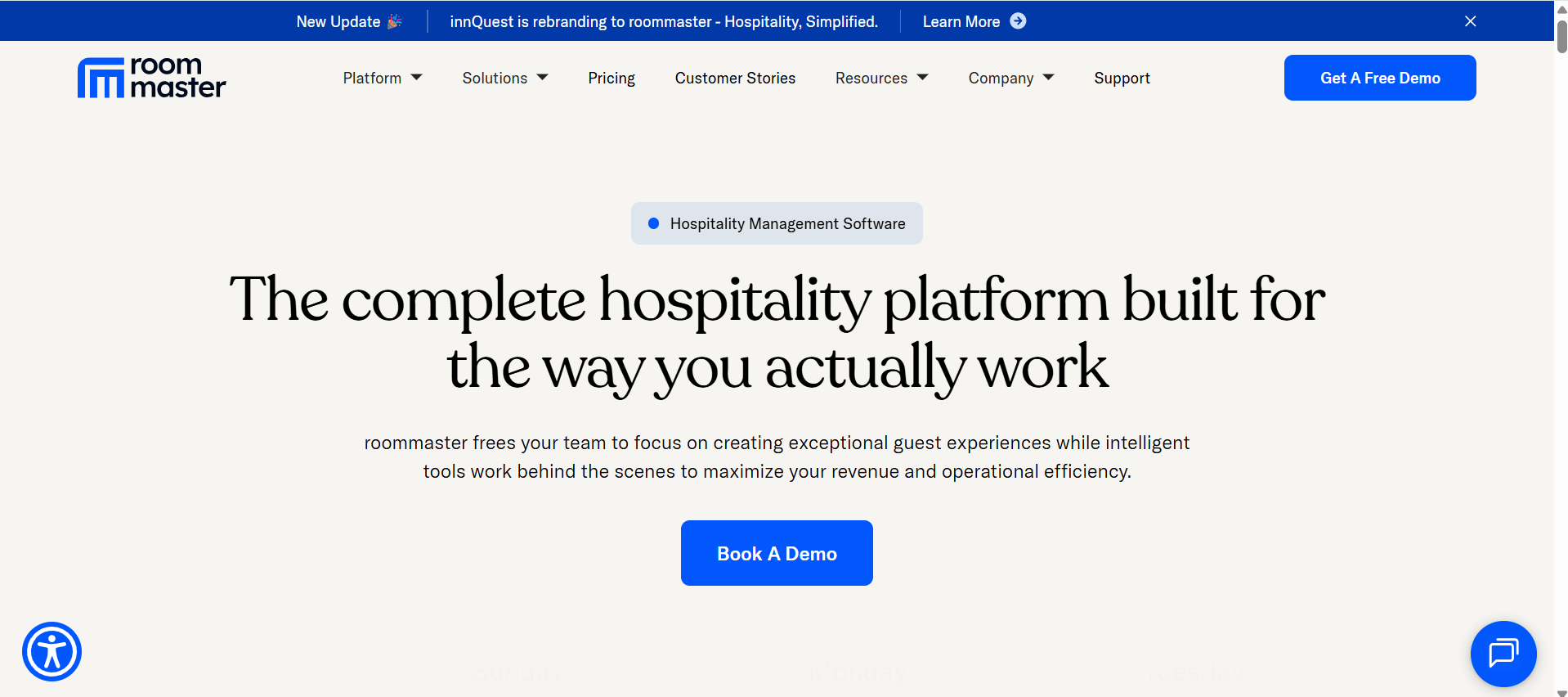 roomMaster hospitality management platform homepage with demo booking option for improved guest experiences.