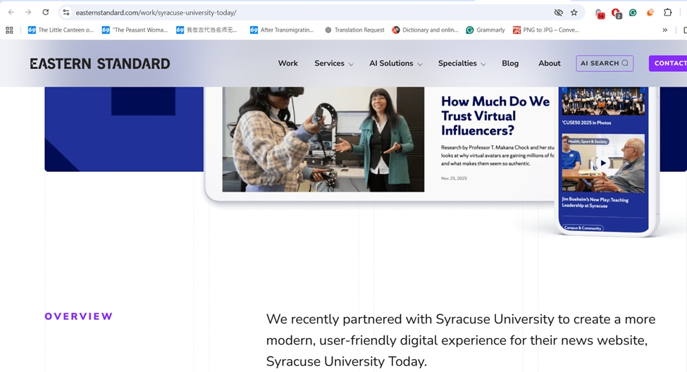 Screenshot of Eastern Standard's partnership announcement with Syracuse University on a modern digital experience project.