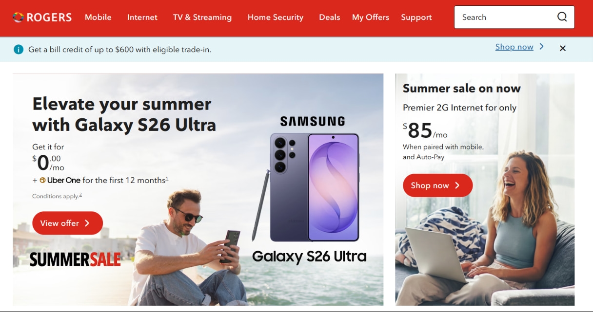 Galaxy S26 Ultra offer by Rogers with summer sale. Get phones at $0/mo and Premier 2G Internet for $85/mo.