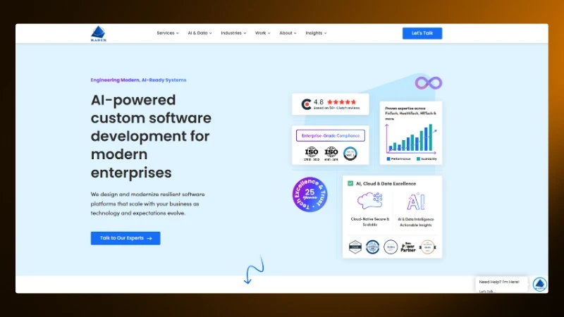 AI custom software development for enterprises; modern solutions with compliance and cloud excellence badges displayed.