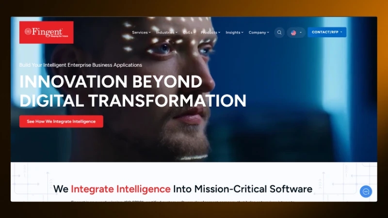 Close-up of a man's face with digital patterns, text: Innovation Beyond Digital Transformation, Fingent branding.