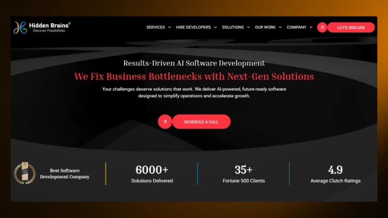 Homepage of AI software development firm highlighting services, client stats, and contact options.