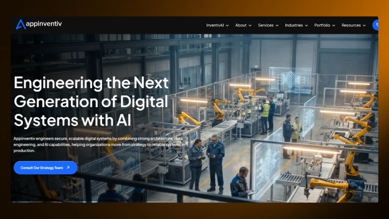AI-driven digital systems engineering in a modern factory setting with robotic automation.