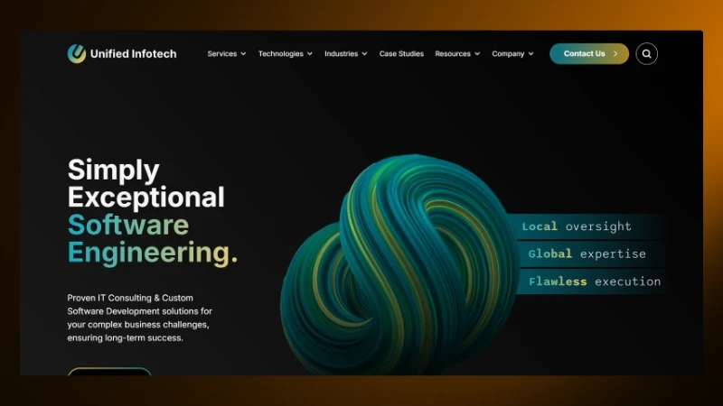 Unified Infotech homepage showcasing exceptional software engineering services with vibrant abstract design and navigation bar.