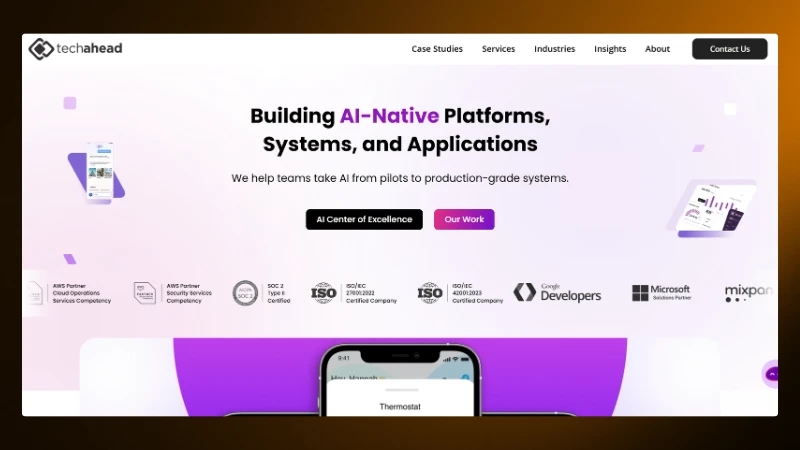 TechAhead homepage showcasing AI-native platforms and certifications for systems and applications development.