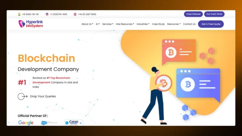 Blockchain development company website with digital currency icons and contact info.