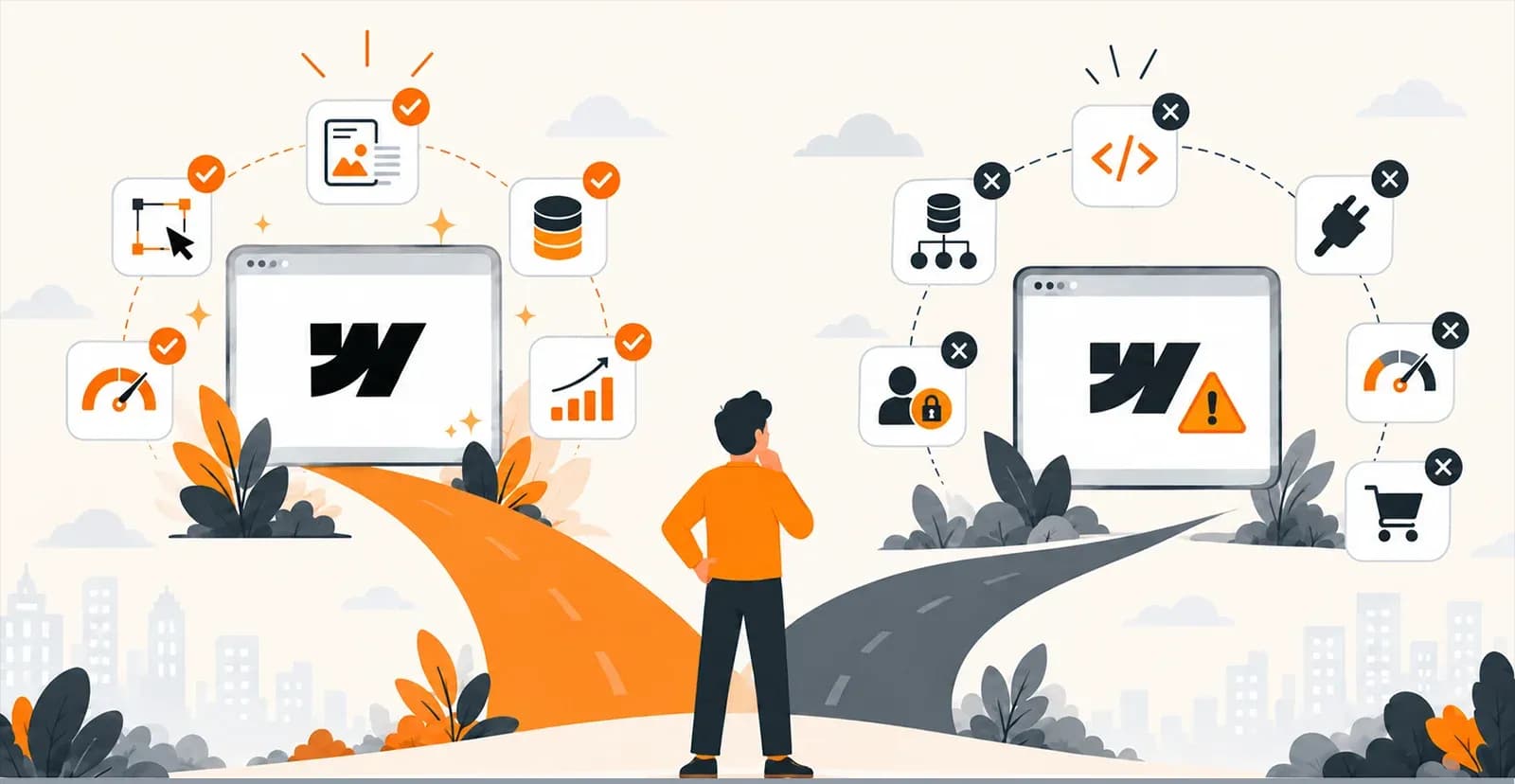 Person at a fork in the road choosing between Webflow's strengths, such as visual design, CMS, speed and SEO, and its limits, such as custom code, complex databases, user logins, plugins and e-commerce.