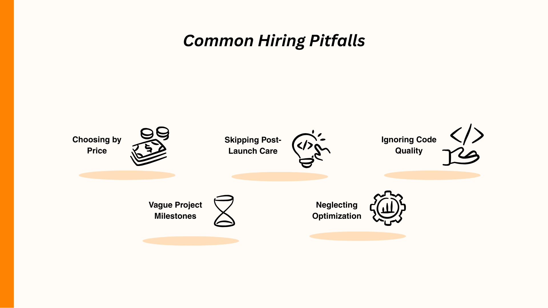 Illustration highlighting common hiring pitfalls: price focus, vague milestones, code quality, post-launch care neglect.