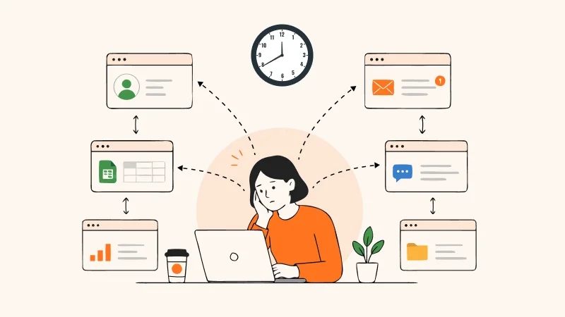 Illustration of person at laptop surrounded by task icons like email, chat, and analytics, symbolizing multitasking.